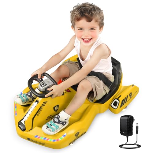 WIZAURA Electric Wiggle Car, 12V Kids Ride On Toys for Ages 3 and Up, Racing Toy 360° Spin with Anti-Rollover, LED Lights, 2 Speeds, 120 LBS. Yellow.