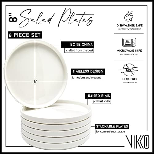 Miniatura 2 de Vikko Plato de ensalada, juego de 6 platos blancos, postre, ensalada, plato de aperitivo, porcelana fina de hueso, platos de postre apilables de 8