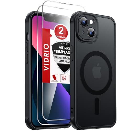 LeYi Funda para iPhone 13 Compatible con MagSafe Magnética, con 2× Cristal Templado, Carcasa Translúcido Esmerilado Grado Militar Antigolpes Case, Negro