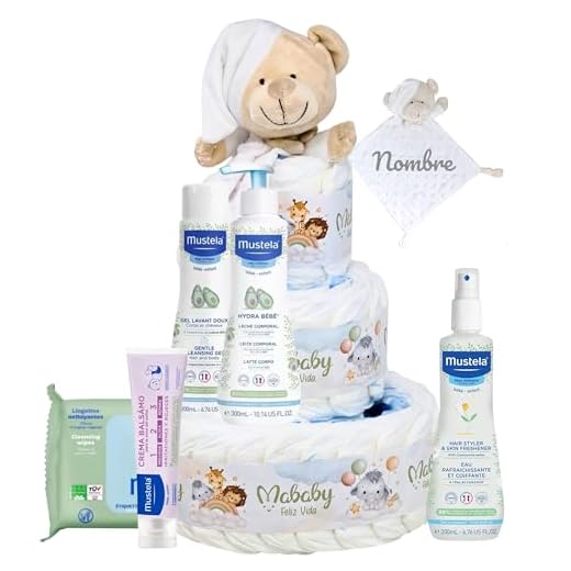 Mababyshop, Tarta Pañales Pingo Mis Primeros Cuidados talla 2, Colonia, Gel 200, Hidra Bebé 300, Toallitas, Crema Pañal 50 ml y Dou Dou PERSONALIZADO (Blanco)