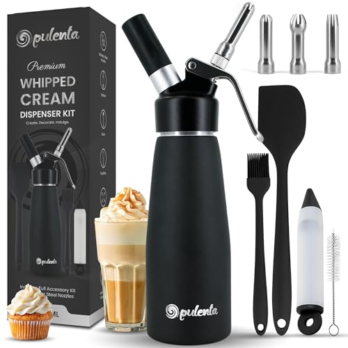Opulenta Premium Whipped Cream Dispenser – Leak-Proof Whip Maker with 3 Stainless Steel Nozzles, Spatula, Food Pen & Brush – Professional Whipped Cream Maker Canister – N2O Not Included – 500ml