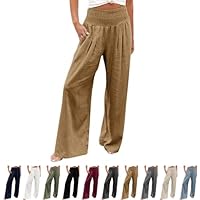 Offerte Pantaloni da Donna Estivi Casual Larghi in Cotone e Lino Vita con Tasche Spiaggia Elegante Morbido Pigiama Pantalone Elastico Pants (Marrone, XL)