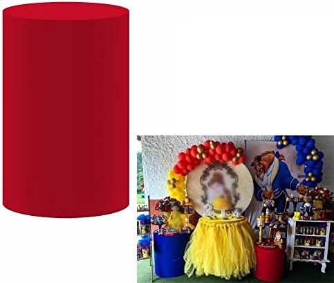 iydoda Red Solid Pedestal Covers for Parties Cylinder Plinth Stand Covers Baby Shower Banquet Birthday Wedding Party Tablecloth Decorations