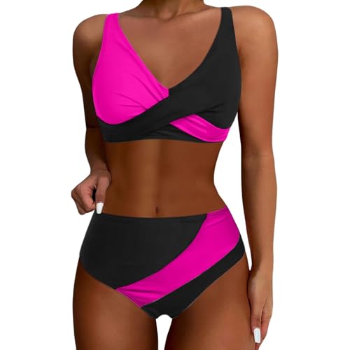 Bikini Piezas Sueltas Conjuntos de Bikini de Cintura Alta para Mujer, Trajes de baño de Dos Piezas con cordón y Bloques de Color Bañadores Mujer Grandes Deportivo (Black, S)