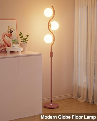 Image of 60IN Dimmable Pink Floor Lamp, Modern Standing Lamps with 3 Globe Soft Warm White 3000K Bulbs, Mid Century Floor Lamp with 5Lbs Heavy Base for Living Room Bedroom Home Decor