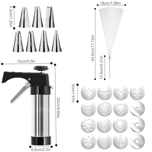 Cookie Press Gun Kit, Stainless Steel Spritz Cookies Press for Baking with 16 Cookie Discs and 8 Piping Tips for DIY cake Maker Decorating Baking Supplies