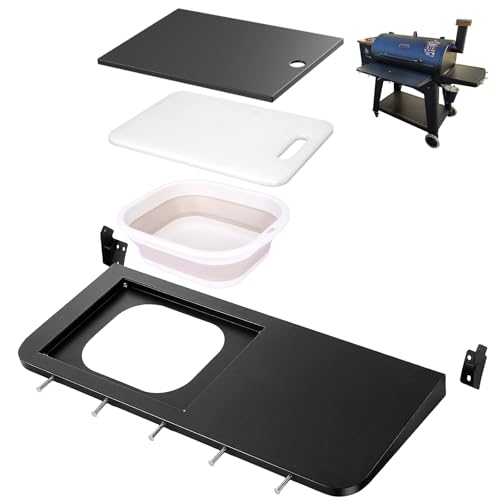 Utheer Upgraded Folding Front Shelf for Pit Boss Austin XL 1000 & Savannah 1500 Pellet Grills 29.5 13.7 Heavy-Duty BBQ Prep Table with Cutting Board Foldable Basin Lid & 5 Hooks 60-LB Load