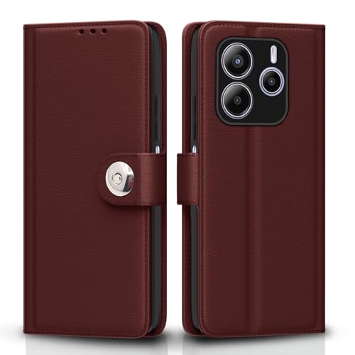 Image of Pikkme Flip Cover Leather Finish | Inside TPU with Card Pockets | Wallet Stand and Shock Proof | Complete Protection Button Flip Case for Redmi Note 14 5G (Brown)