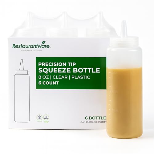 Image of Restaurantware 8 oz Plastic Squeeze Bottle 6 Wide Mouth Condiment Bottles with Precision Tip Reusable Freezer-Ready Clear Sauce Dispenser For Syrups, Ketchup, Mustard, Oil, Dressing, Art And Craft