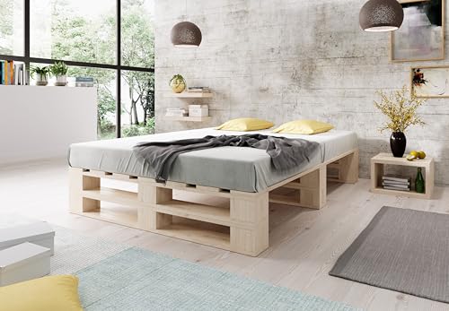 Lermowood Palettenbett M2 aus Holz 140 x 200 cm Natur mit Lattenrost Holzbett 30cm Stabiles Seniorenbett Kinderbett Jugendbett Gästebett erhöhtes Einzelbett Bettgestell Futonbett Komforthöhe Naturholz