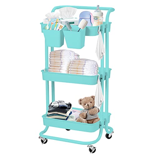 Image of Baby Diaper Caddy Organizer Metal Rolling Storage Cart on Handle 3-Tier Rolling Mobile Utility Cart Movable Storage Organizer with Wheels Multifunction Newborn Essentials Cart Easy Assembly(Blue)