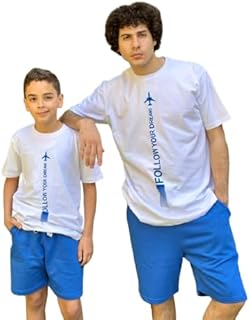 طقم رياضي رجالي مكون من تيشرت قطن أبيض مطبوع وشورت ميلتون صيفي بلون أزرق اليكتريك بلو من بي اي جيه