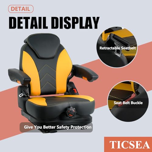 Image of Tractor Suspension Seat, Highback Low Suspension Mower Seat, Adjustable Backrest and Slide Rails, Armrests Shock Absorber Heavy Duty Seat for Toro Forklift Mower Excavator Harvester