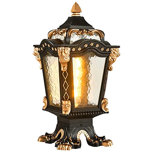 BUNCC European Outdoor Post Light, Vintage Black & Gold Pillar Lamp with Lion Head Accents, 20 Inch Waterproof Garden Gate Lantern for Patio Driveway