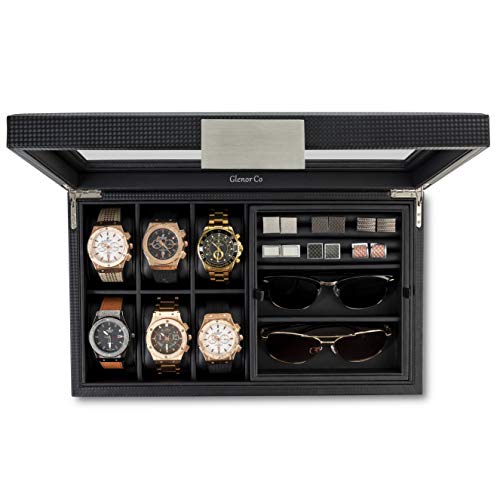 Glenor Co Valet Jewelry Box For Men - Holds 6 Watches, 12 Cufflinks, 2 Sunglasses & Tray Storage - Mens Watch Case - Carbonfiber Organizer W Metal Accents, Pu Leather & Large Glass Lid - Black #TOP7