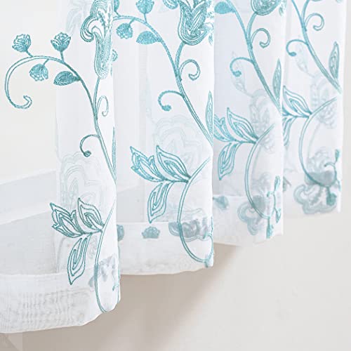 Image of Blue Sheer Curtains Embroidery 63 Inch Length Rod Pocket Voile Drapes for Living room, Bedroom, Window Treatments Semi Flower Pattern Curtain Panels for Kitchen, Yard, Farmhouse, Set of 2, 52 inchx 63 inch.