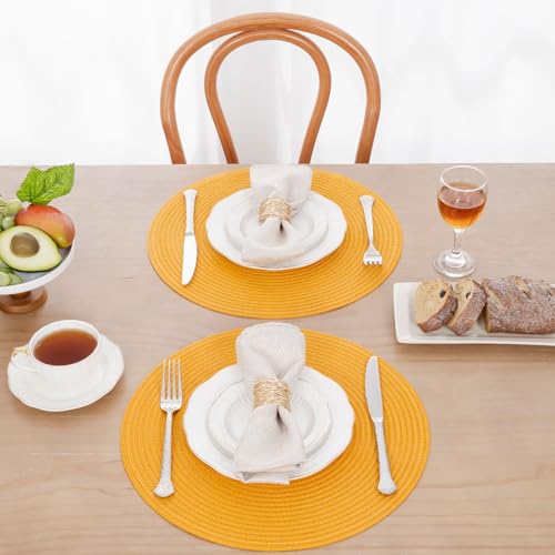 Image of SHACOS 15 inch Round Braided Placemats Set of 6 Non Slip Washable Kitchen Table Place Mats Cotton Polyester Heat Resistant Table Mats for Home Wedding Dinner Party Table Decor, Mustard Yellow