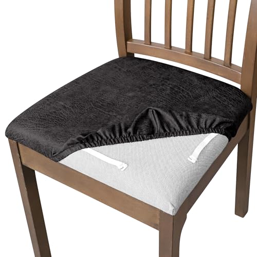 FORCHEER Black Dining Chair Seat Cushion Covers Set of 4 Leather Looking Stretch Kitchen Chair Seat Covers Square 14-18Inch Washable Replacment