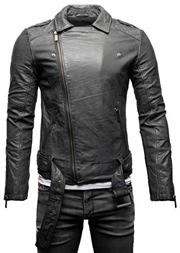 Crone Fynn bikerjas voor heren, basic echt leer of eco-leer, met riem en reverskraag - Image 4