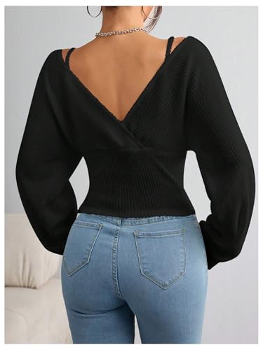 Women's 2 in 1 Sweater Y2k Cut Out Wrap V Neck Long Sleeve Pullover Tops2