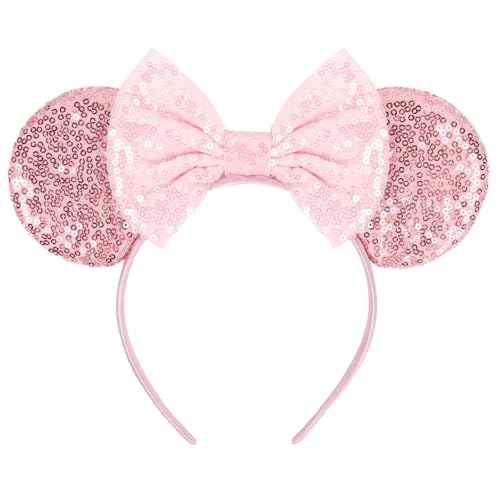 WOVOWOVO Mouse Ears Headbands for Women Sparkle Pink Bow Mouse Ears Hairbands Halloween Christmas Birthdays Cosplay Costume Princess Party Decorations