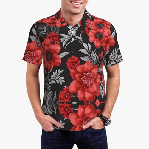 Polo pour le golf et le travail imprimé léopard à fleurs rouges