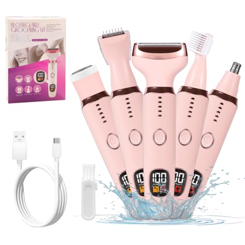 Electric Razors for Women, 5 in 1 Painless Ladies Wet & Dry Body Razors and Facial Hair Remover, Rechargeble Facial and Body Hair Remover for Face Nose Eyebrow Arms Armpit Legs Pubic Area（Pink）