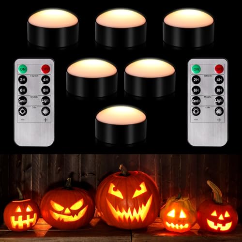 Image of Riakrum 6 Pieces Halloween Remote Timer LED Lights with Remote Summer Halloween LED Pumpkin Lights Battery Operated Lantern Bright Flameless Candle(Black,Warm Light)
