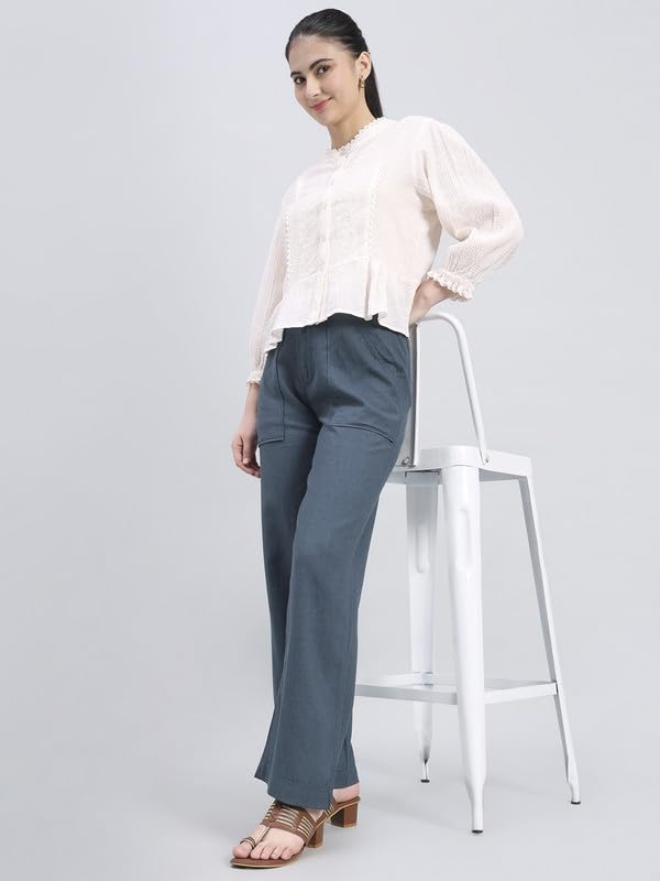 Image of GO COLORS Solid Linen Cargo Pants for Women | Full Length, Mid Rise, Side Pockets