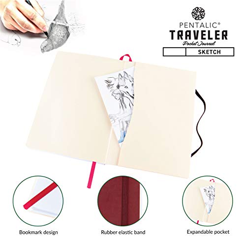 Pentalic Art Traveler Pocket Journal Sketch Book, 6" x 8", Burgundy