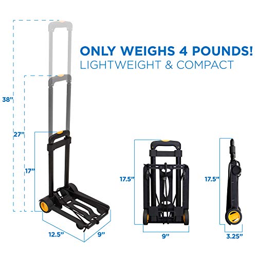 Mount-It! Folding Luggage Cart and Dolly | 77 Lb Capacity | Portable Lightweight Luggage Trolley Cart with Telescoping Handle and 4 Rubber Wheels | Steel Frame