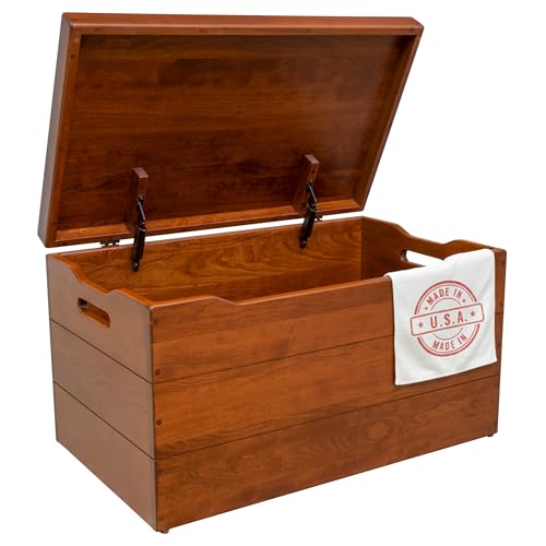 Image of Amish Made Wooden Storage Chest Trunk Box with Lid and Handles for Bedroom, Blanket, Clothes, Anti-Slam Hinges, Handmade, Rustic, Cherry Wood, W. Cherry Stain, 36 inch