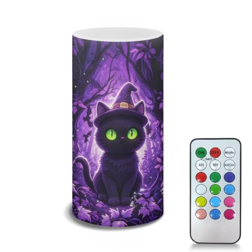 Image of LED Flameless Candles with Remote Timer Purple Cat Halloween