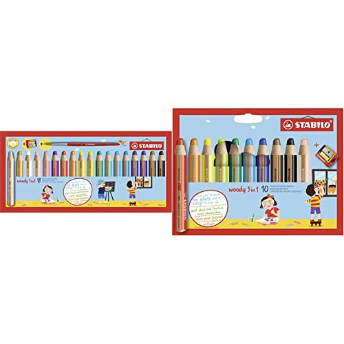 STABILO woody 3in1 étui de 18 et 10 crayons tout-en-un avec taille-crayon et pinceau