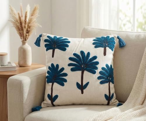 Image of Furnistitchs Handmade Cotton Bohemian Home Decor Cushion Cover 24x24 inches / 60x60 cms - Boho Chic Couch Sofa Throw Living Room Bedroom Cushions (2, Navy Palm)