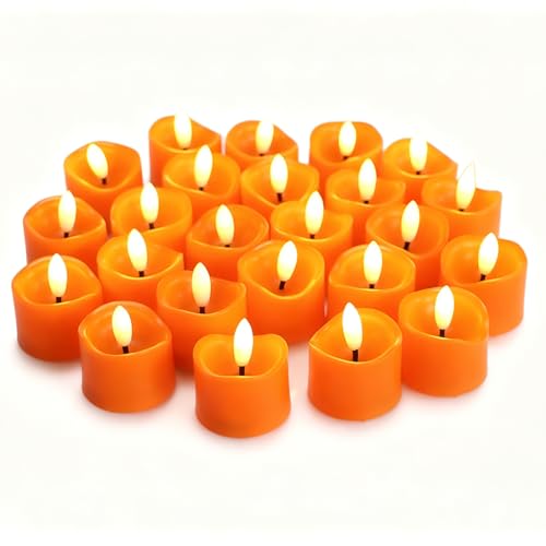 Image of CANDLE CHOICE Battery Operated Flameless Tea Lights Realistic Black Wick Bright Flickering LED Tealight Votive Candles Wedding Party Table Halloween Christmas Decorations Batteries Incl 24 Pack Orange