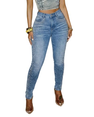 CHICME Women's Rhinestone Skinny Jeans High Waisted Washed Stretchy Denim Pants Party Streetwear-ldb-L