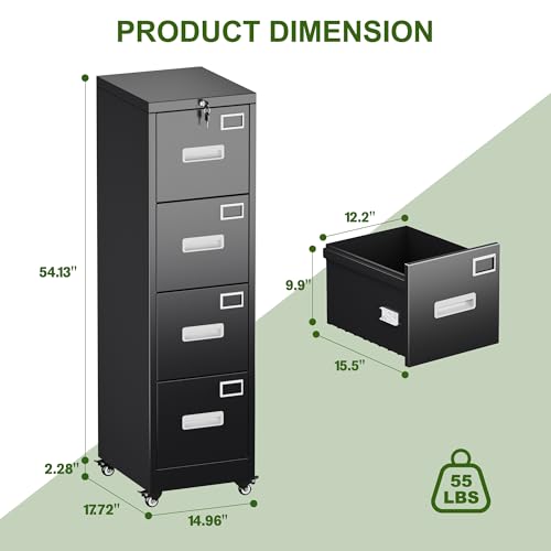Image of Aobabo 4 Drawer Metal File Cabinet with Lock and Wheels, Black