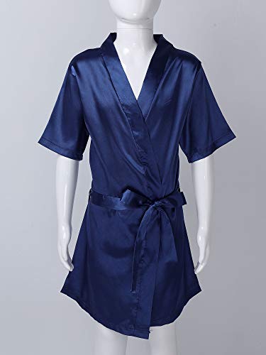 Agoky Little Kids Girls Solid Color Short Sleeve Letter Pattern Print Bathrobes Spa Kimono For Kids Casual Daily Wear Navy Blue 3-4 #TOP2