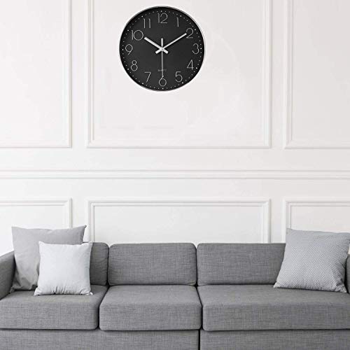 Image of HZDHCLH Wall Clocks for Living Room Bedroom Office Classroom Decor Small Silent Non Ticking Kitchen Wall Clock Battery Operated (Black Silver,12 inch)