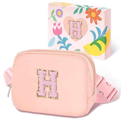 Image of COSHAYSOO Valentines Birthday Initial Gifts for Teen Girls 5 6 7 8 9 10 11 12 13 14 Year Old Pink Fanny Pack for Girls Belt Bag Crossbody Travel Purse Unique Trendy Girly Stuff Chenille Letter H