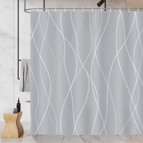 COZZSNUGE Duschvorhang 180 x 180 cm Moderne Streifen, Weiß & Grau Gestreift Duschvorhänge Anti-schimmel Wasserdicht Polyester Stoff Badvorhang mit 12 Duschvorhangringen