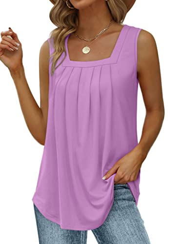 Image of Saloogoe Summer Tank Tops for Women Loose Fit Pleated Square Neck Sleeveless Tops Curved Hem Flowy