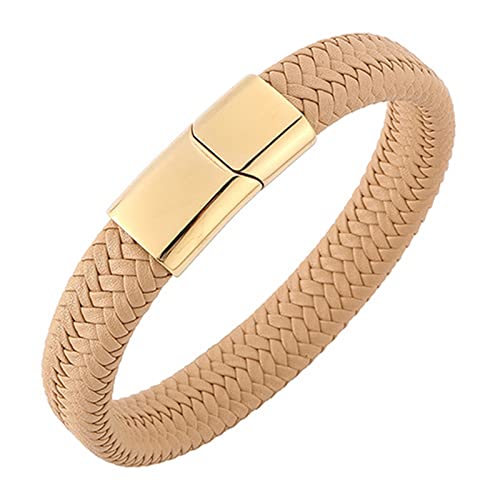 Image of Gualiy Stainless Steel Bracelets Men, Leather Bracelet Yellow Braided Bracelet with Gold Buckle 18.5CM Length Mens Bracelet Vintage