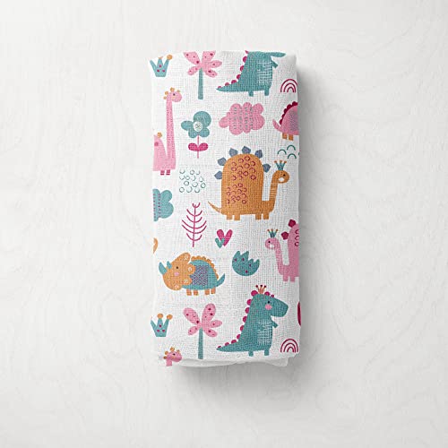 Bacati - Muslin Baby Swaddle Blanket For Girls, Baby Receiving Blanket, Newborn Gift, Baby Shower Item, Wearable Swaddling Set, Large 45 X 45 Inch, 2-Pack (Little Dino Pink/Orange/Aqua) #TOP3