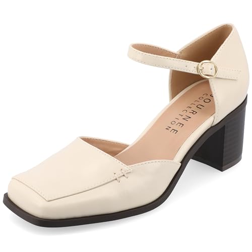 Journee Collection Womens Buckle Strap Open Square Toe Chunky Stacked Block Heel Evangeline Comfort Foam Pumps