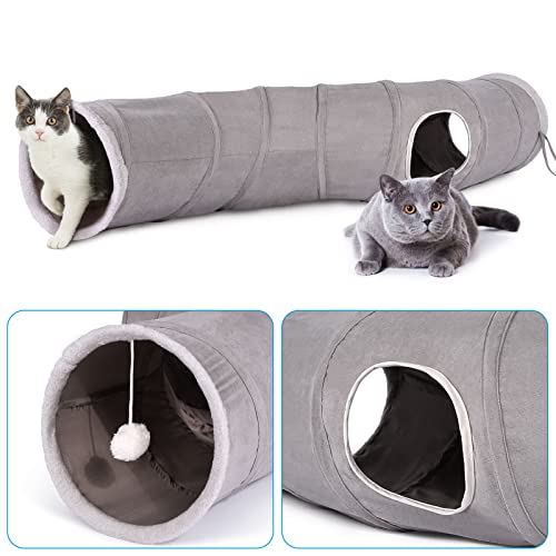 Image of Ownpets S-Shape Cat Tunnel Toy 48 inchL x 10 inchD, for Cats, Puppies & Small Pets | Collapsible for storage, tear-resistant oxford fabric, connects to other tunnel, with peek hole, feather wand, indoor /outdoor