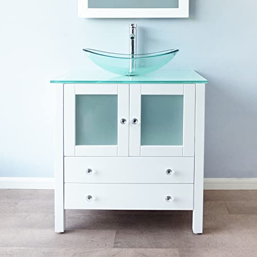 Qierao 30" Freestanding Wooden Modern Bathroom Vanity Vessel Sink Set Bathroom Mirror Included (Clear Glass Sink) #TOP1