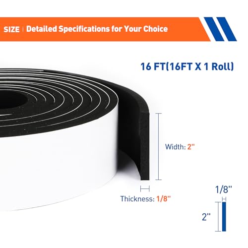 Image of MAGZO Weather Stripping Door Seal, 2 Inch Wide X 1 /8 Inch Thick Adhesive Foam Tape Soundproof Weatherstripping for Windows, 1 Roll Total 16FT Black