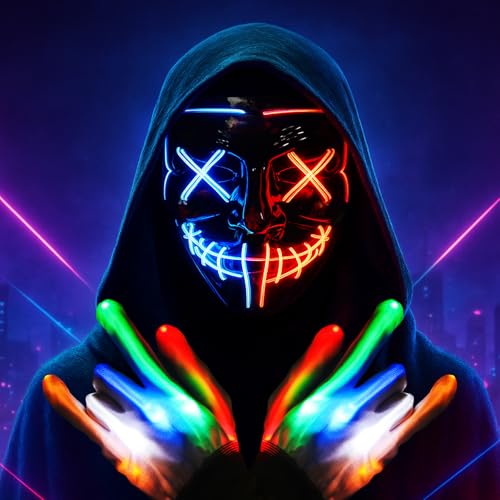SLDALES LED Halloween Purge Mask & Light Up Gloves Set 3 Light Modes Scary Face Mask + 6 Mode Glow Skeleton Gloves Halloween Costume for Adults & Kids (Blue/Red)